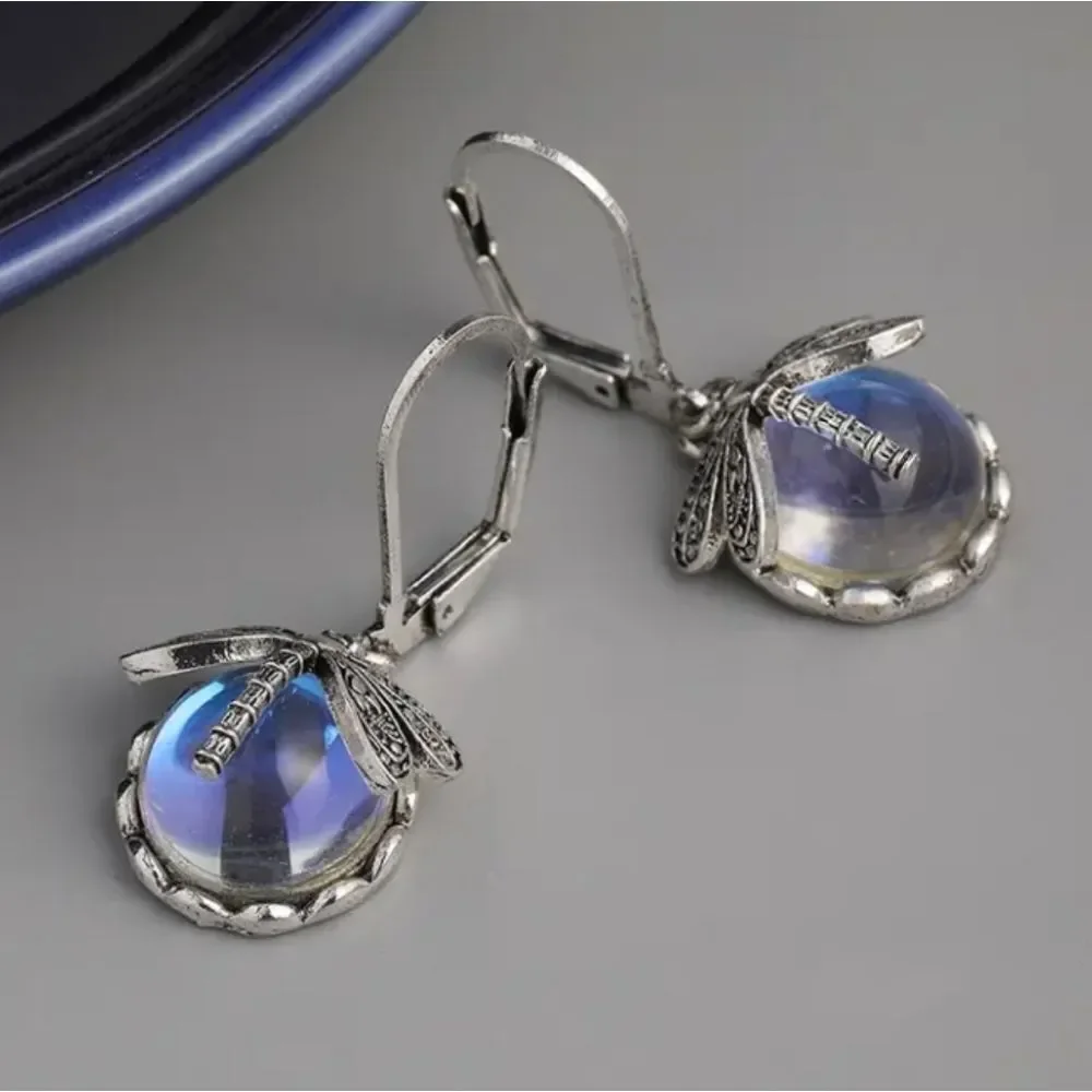 Vintage Dragonfly Round Drop Earrings